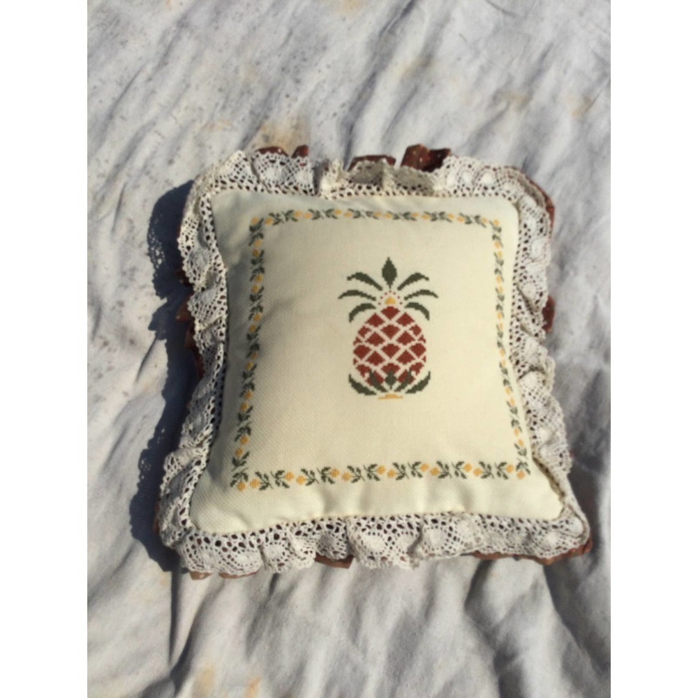 Vintage Decorative pillow embroidered pineapple 13”‎ cross-stitch floral brown